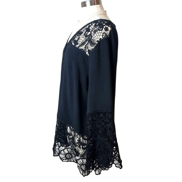 Solitaire Womens Tunic Top 1X Black Crochet Lace-Trim Button Down Cottagecore - Picture 2 of 6